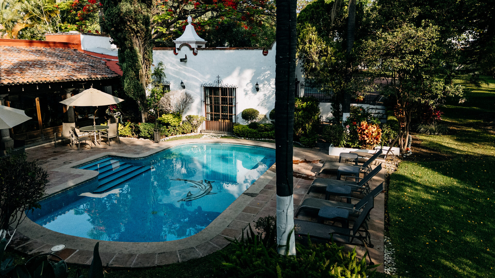 Alberca de Quinta La Joya de día, con césped, camastros y la casa colonial bajo los árboles